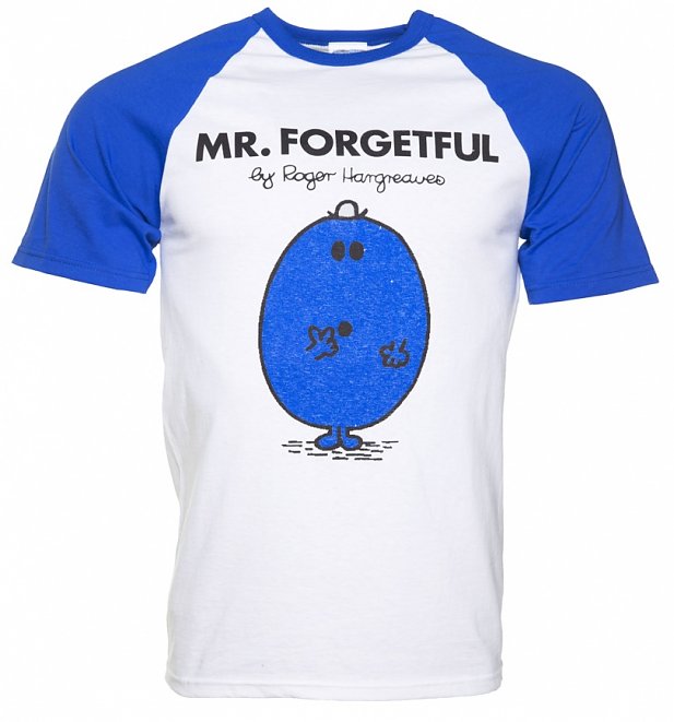 Men's White And Blue Mr Forgetful Mr Men Baseball T-Shirt Men's White And Blue Mr Forgetful Mr Men Baseball T-Shirt