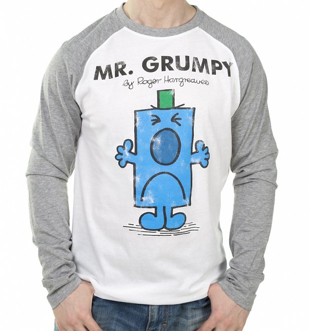Men's White And Grey Mr Grumpy Mr Men Baseball T-Shirt Men's White And Grey Mr Grumpy Mr Men Baseball T-Shirt