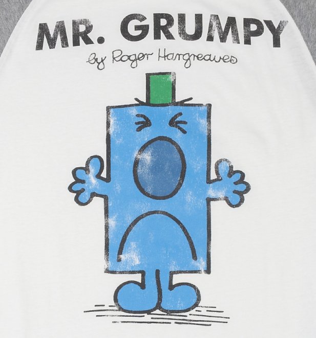 Men's White And Grey Mr Grumpy Mr Men Baseball T-Shirt Men's White And Grey Mr Grumpy Mr Men Baseball T-Shirt