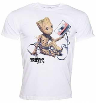 Men's White Baby Groot And Cassette Guardians Of The Galaxy T-Shirt Men's White Baby Groot And Cassette Guardians Of The Galaxy T-Shirt