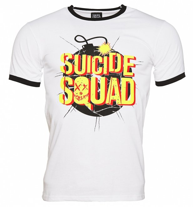 Men's White Suicide Squad Exploding Bomb Ringer T-Shirt Men's White Suicide Squad Exploding Bomb Ringer T-Shirt