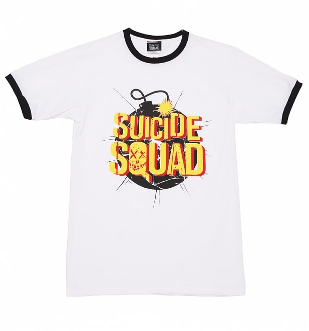 Men's White Suicide Squad Exploding Bomb Ringer T-Shirt Men's White Suicide Squad Exploding Bomb Ringer T-Shirt