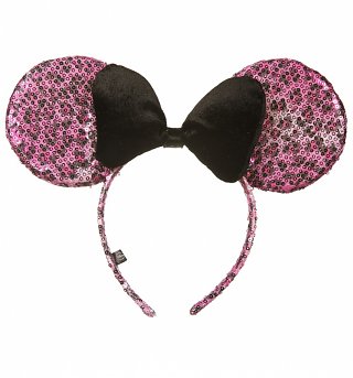 Pink Leopard Print Sequin And Black Velvet Bow Disney Minnie Mouse Ears Headband Pink Leopard Print Sequin And Black Velvet Bow Disney Minnie Mouse Ears Headband