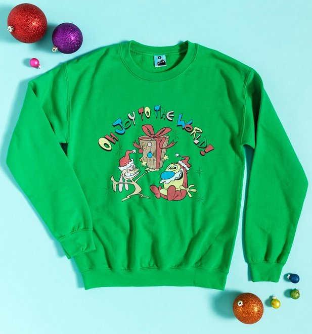 Ren And Stimpy Oh Joy To The World Green Sweater