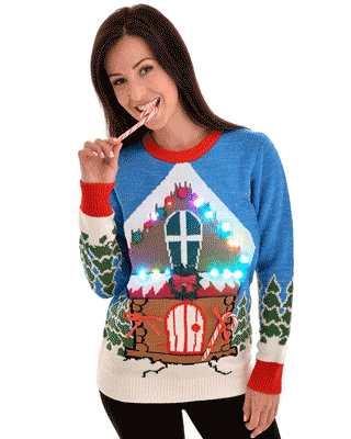 Retro Light Up Gingerbread House Christmas Jumper With Pom Poms from Cheesy Christmas Jumpers Retro Light Up Gingerbread House Christmas Jumper With Pom Poms from Cheesy Christmas Jumpers