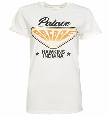 Women's Stranger Things Inspired Hawkins Indiana Arcade Ecru Boyfriend Fit T-Shirt With Rolled Sleeves Women's Stranger Things Inspired Hawkins Indiana Arcade Ecru Boyfriend Fit T-Shirt With Rolled Sleeves