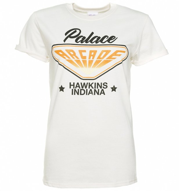 Women's Stranger Things Inspired Hawkins Indiana Arcade Ecru Boyfriend Fit T-Shirt With Rolled Sleeves Women's Stranger Things Inspired Hawkins Indiana Arcade Ecru Boyfriend Fit T-Shirt With Rolled Sleeves