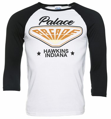 Stranger Things Inspired Hawkins Indiana Arcade White And Black Raglan Baseball T-Shirt Stranger Things Inspired Hawkins Indiana Arcade White And Black Raglan Baseball T-Shirt