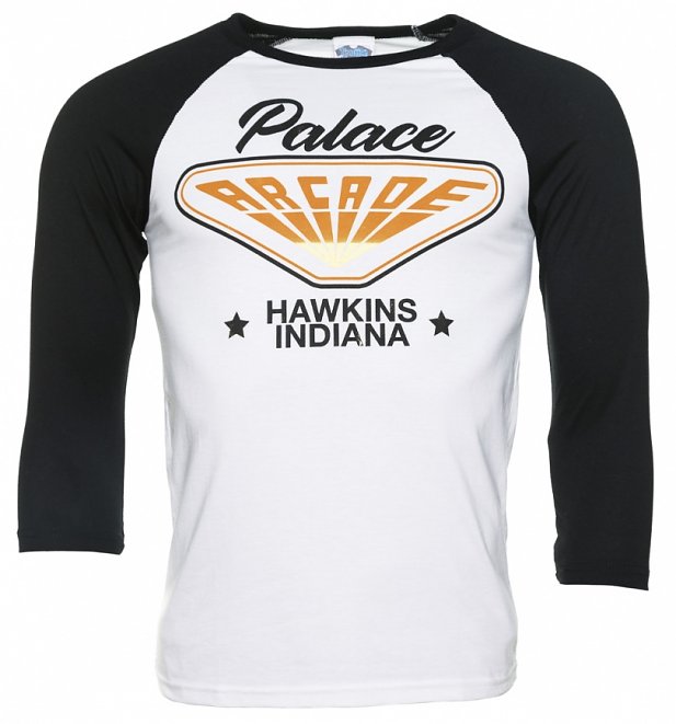 Stranger Things Inspired Hawkins Indiana Arcade White And Black Raglan Baseball T-Shirt Stranger Things Inspired Hawkins Indiana Arcade White And Black Raglan Baseball T-Shirt