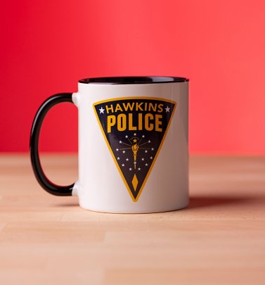 Stranger Things Inspired Hawkins Police Black Handle Mug Stranger Things Inspired Hawkins Police Black Handle Mug