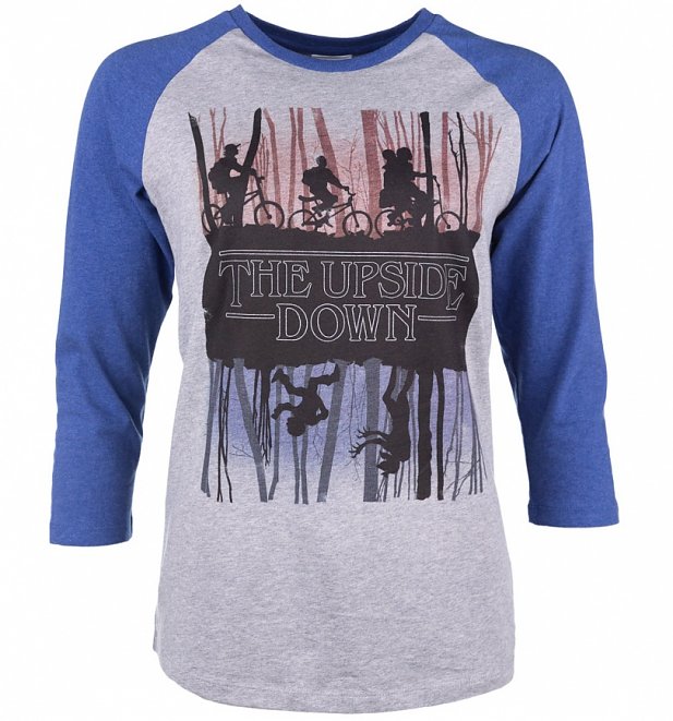 Stranger Things Inspired Upside Down Heather Grey And Indigo Raglan Baseball T-Shirt Stranger Things Inspired Upside Down Heather Grey And Indigo Raglan Baseball T-Shirt