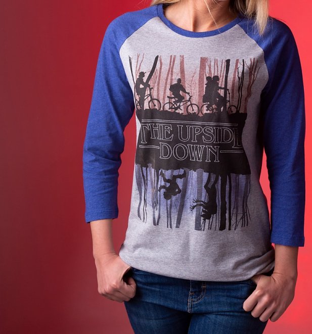 Stranger Things Inspired Upside Down Heather Grey And Indigo Raglan Baseball T-Shirt Stranger Things Inspired Upside Down Heather Grey And Indigo Raglan Baseball T-Shirt