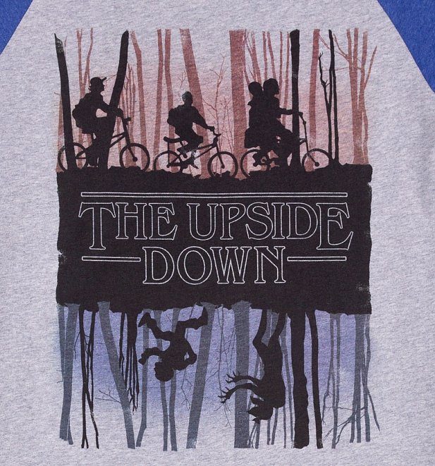 Stranger Things Inspired Upside Down Heather Grey And Indigo Raglan Baseball T-Shirt Stranger Things Inspired Upside Down Heather Grey And Indigo Raglan Baseball T-Shirt