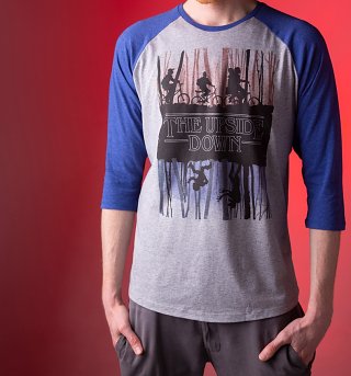 Stranger Things Inspired Upside Down Heather Grey And Indigo Raglan Baseball T-Shirt Stranger Things Inspired Upside Down Heather Grey And Indigo Raglan Baseball T-Shirt