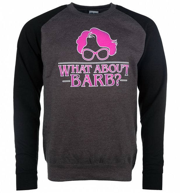 Stranger Things Inspired What About Barb Charcoal and Black Baseball Sweater Stranger Things Inspired What About Barb Charcoal and Black Baseball Sweater