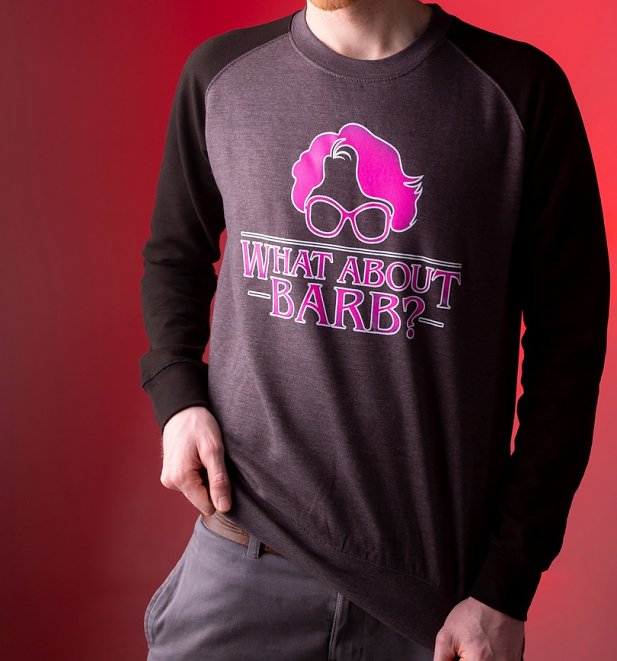 Stranger Things Inspired What About Barb Charcoal and Black Baseball Sweater Stranger Things Inspired What About Barb Charcoal and Black Baseball Sweater