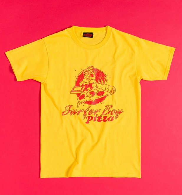 Stranger Things Surfer Boy Pizza Yellow T-Shirt with Back Print