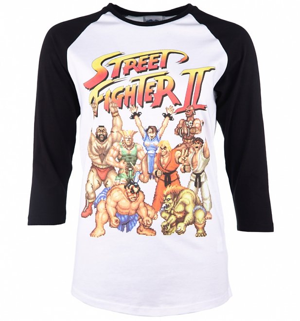 Street Fighter II Pixel Gang White And Black Raglan Baseball T-Shirt Street Fighter II Pixel Gang White And Black Raglan Baseball T-Shirt