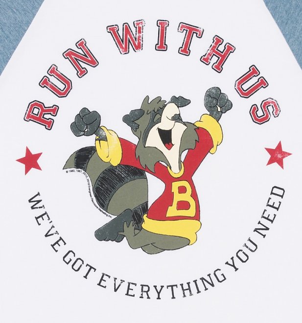 The Raccoons Run With Us Badge White And Denim Blue Raglan Baseball T-Shirt The Raccoons Run With Us Badge White And Denim Blue Raglan Baseball T-Shirt