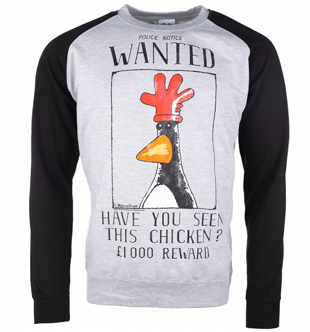 Wallace And Gromit Feathers McGraw Wanted Poster Grey And Black Raglan Baseball Sweater Wallace And Gromit Feathers McGraw Wanted Poster Grey And Black Raglan Baseball Sweater