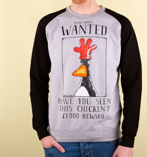 Wallace And Gromit Feathers McGraw Wanted Poster Grey And Black Raglan Baseball Sweater