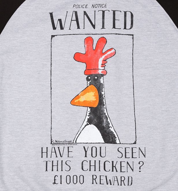 Wallace And Gromit Feathers McGraw Wanted Poster Grey And Black Raglan Baseball Sweater Wallace And Gromit Feathers McGraw Wanted Poster Grey And Black Raglan Baseball Sweater