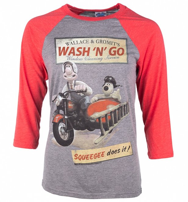 Wallace And Gromit Wash N Go Heather Grey And Red Raglan Baseball T-Shirt Wallace And Gromit Wash N Go Heather Grey And Red Raglan Baseball T-Shirt