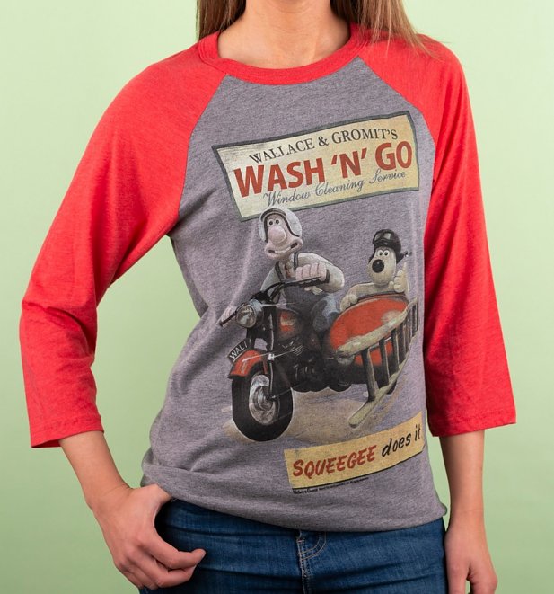 Wallace And Gromit Wash N Go Heather Grey And Red Raglan Baseball T-Shirt