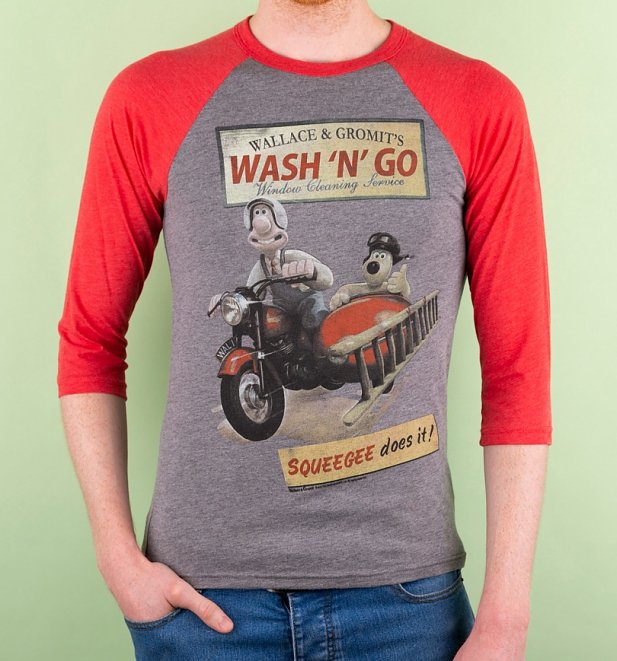 Wallace And Gromit Wash N Go Heather Grey And Red Raglan Baseball T-Shirt Wallace And Gromit Wash N Go Heather Grey And Red Raglan Baseball T-Shirt