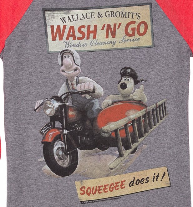 Wallace And Gromit Wash N Go Heather Grey And Red Raglan Baseball T-Shirt Wallace And Gromit Wash N Go Heather Grey And Red Raglan Baseball T-Shirt