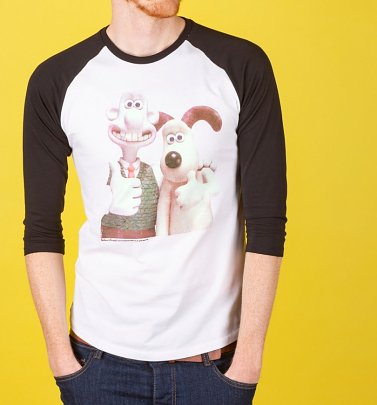 Wallace and Gromit Classic Photograph White And Black Raglan Baseball Shirt Wallace and Gromit Classic Photograph White And Black Raglan Baseball Shirt