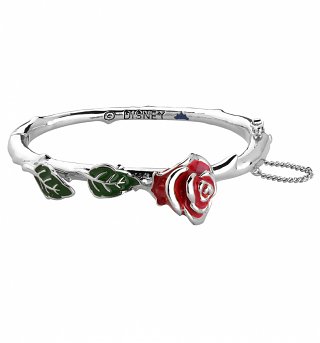 White Gold Plated Beauty & The Beast Enchanted Red Rose Bangle from Disney Couture White Gold Plated Beauty & The Beast Enchanted Red Rose Bangle from Disney Couture