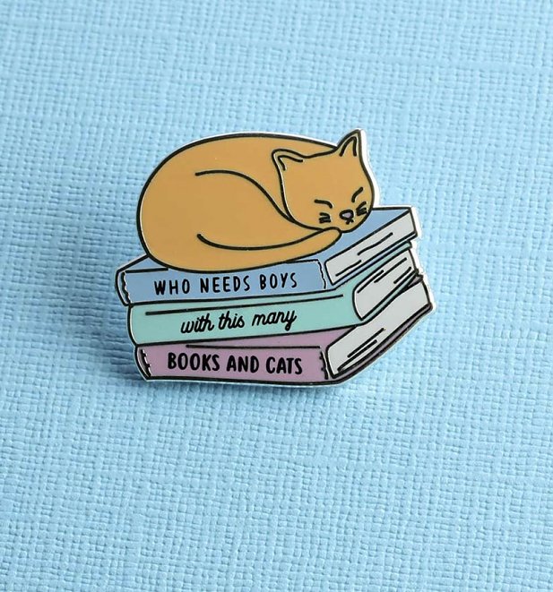 Who Needs Boys With This Many Books And Cats Enamel Pin from Punky Pins Who Needs Boys With This Many Books And Cats Enamel Pin from Punky Pins