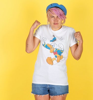 Women's Angry Donald Duck White Boyfriend Fit Rolled Sleeve T-Shirt Women's Angry Donald Duck White Boyfriend Fit Rolled Sleeve T-Shirt