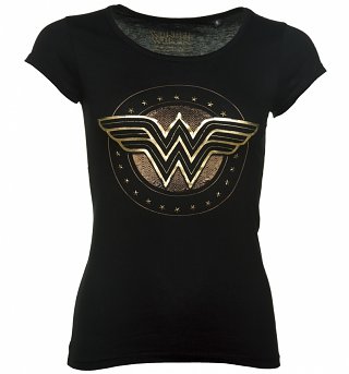 Women's Black DC Comics Wonder Woman Logo T-Shirt With Studs Women's Black DC Comics Wonder Woman Logo T-Shirt With Studs