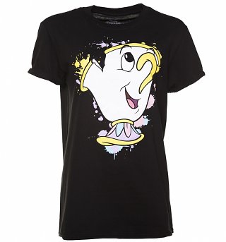 Women's Black Disney Beauty And The Beast Chip Splatter Boyfriend T-Shirt Women's Black Disney Beauty And The Beast Chip Splatter Boyfriend T-Shirt