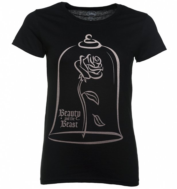 Women's Black Disney Beauty And The Beast Rose Dome TShirt