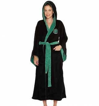 Women's Black Harry Potter Slytherin Crest Hooded Dressing Gown Women's Black Harry Potter Slytherin Crest Hooded Dressing Gown