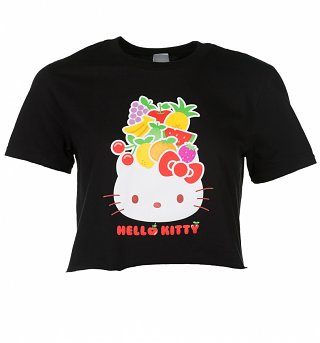 Women's Black Hello Kitty Fruit Cropped Boyfriend T-Shirt with Rolled Sleeves Women's Black Hello Kitty Fruit Cropped Boyfriend T-Shirt with Rolled Sleeves