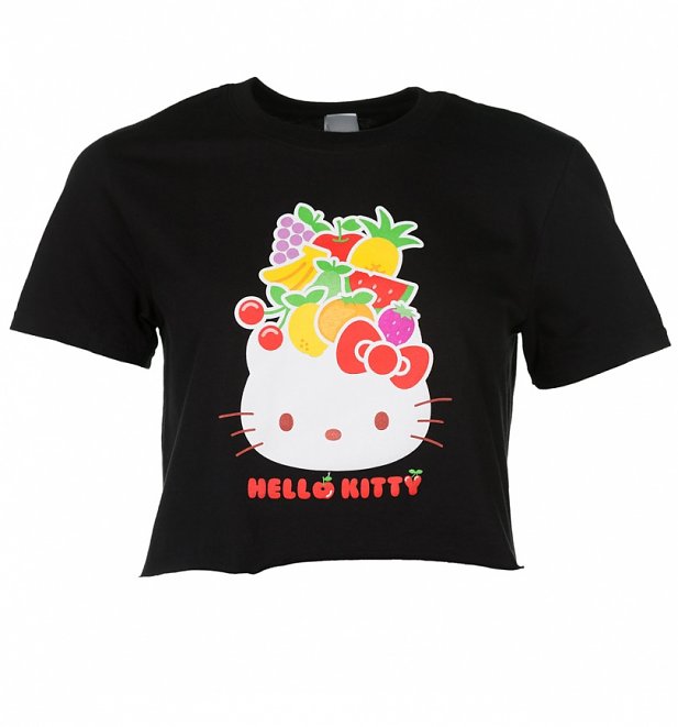 Women's Black Hello Kitty Fruit Cropped Boyfriend T-Shirt with Rolled Sleeves Women's Black Hello Kitty Fruit Cropped Boyfriend T-Shirt with Rolled Sleeves