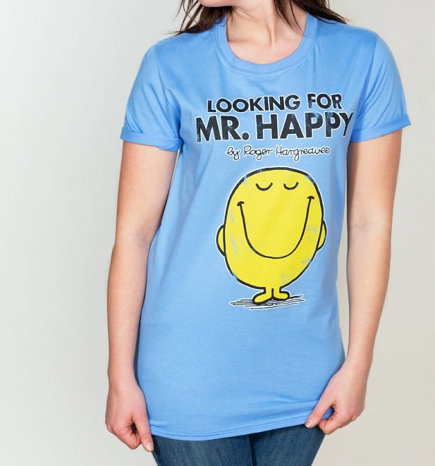 Women's Blue Looking For Mr Happy Mr Men Boyfriend T-Shirt Women's Blue Looking For Mr Happy Mr Men Boyfriend T-Shirt