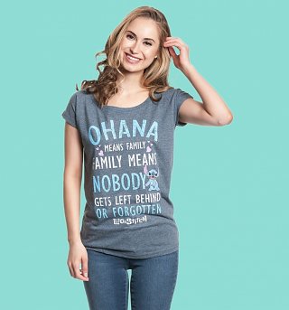Women's Blue Marl Lilo and Stitch Ohana Means Family Loose Disney T-Shirt Women's Blue Marl Lilo and Stitch Ohana Means Family Loose Disney T-Shirt