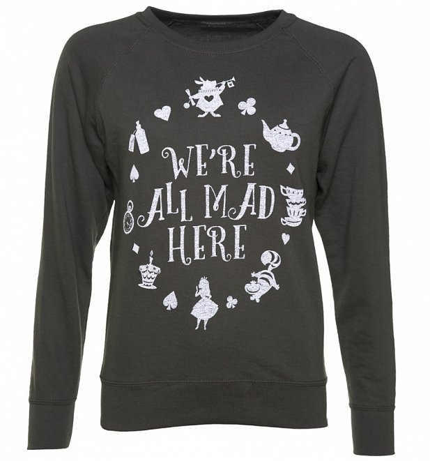 Women's Charcoal Disney Alice In Wonderland We're All Mad Here Sweater Women's Charcoal Disney Alice In Wonderland We're All Mad Here Sweater