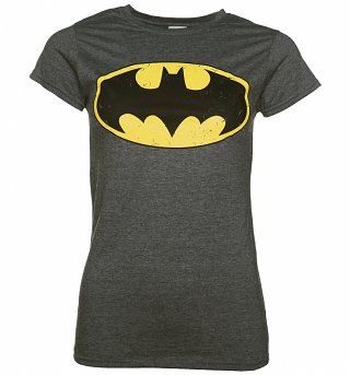 Women's Charcoal Marl Distressed Batman Logo T-Shirt Women's Charcoal Marl Distressed Batman Logo T-Shirt