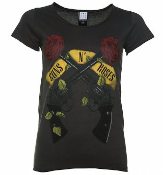 Women's Charcoal Guns N' Roses Shooting Roses T-Shirt from Amplified Women's Charcoal Guns N' Roses Shooting Roses T-Shirt from Amplified