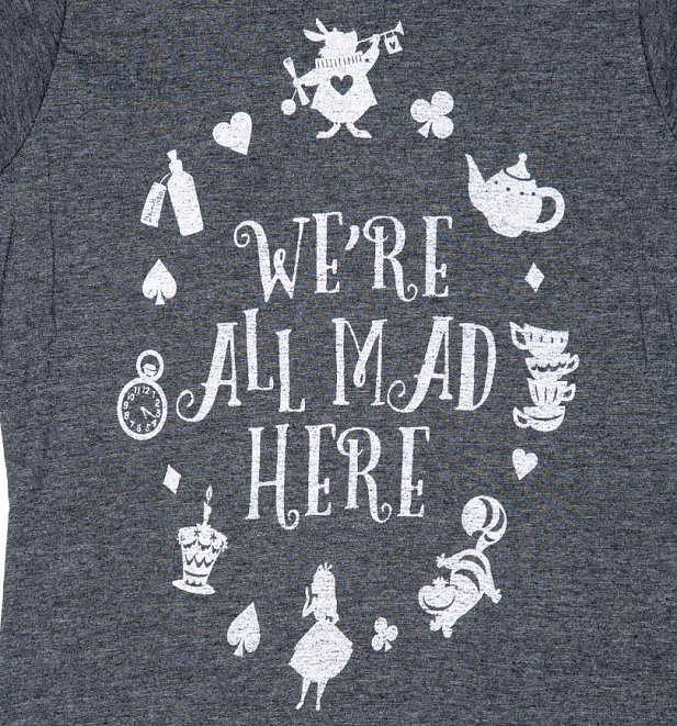 Womens Charcoal Marl Disney Alice In Wonderland Were All Mad Here T Shirt 