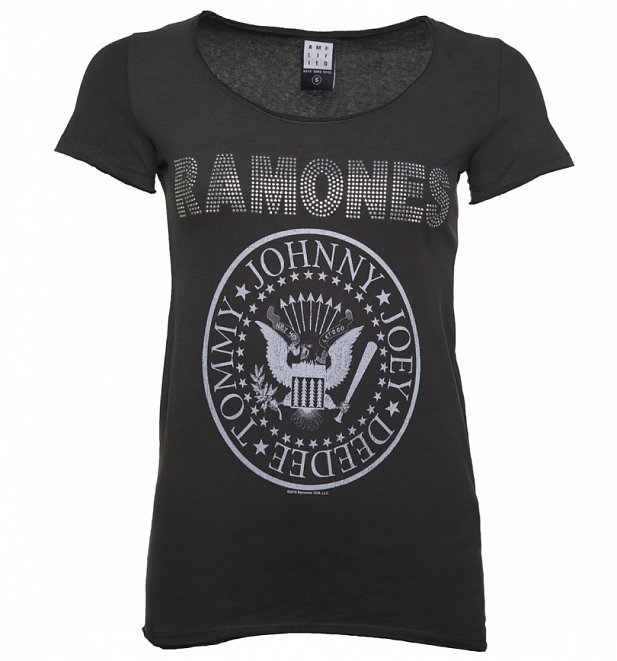 Women's Charcoal Ramones Silver Diamante T-Shirt from Amplified Women's Charcoal Ramones Silver Diamante T-Shirt from Amplified