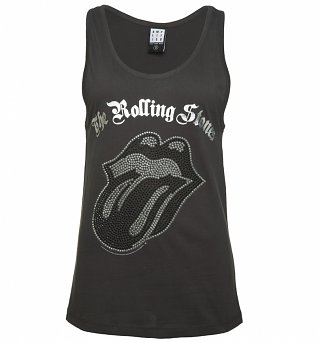Women's Charcoal Rolling Stones Black and Silver Diamante Strappy Vest from Amplified Women's Charcoal Rolling Stones Black and Silver Diamante Strappy Vest from Amplified