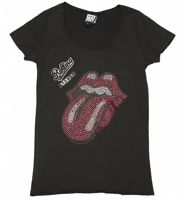 Women's Charcoal Rolling Stones Red and Silver Diamante Tongue T-Shirt ...