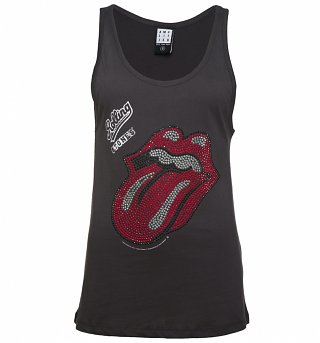 Women's Charcoal Rolling Stones Red and Silver Diamante Tongue Vest from Amplified Women's Charcoal Rolling Stones Red and Silver Diamante Tongue Vest from Amplified